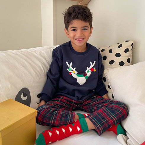 Boys Winter pajama set Dark Blue deer Hoodie + Dark Blue x Red Checkered Pants